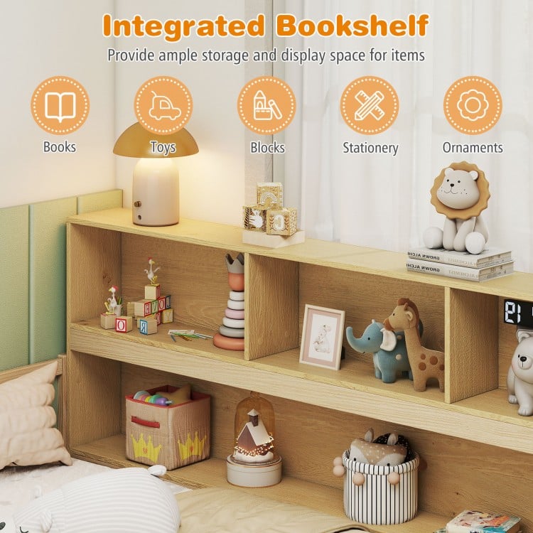 Integrated bookshelf showcasing books, toys, and ornaments for organized storage in a Montessori floor bed setup.