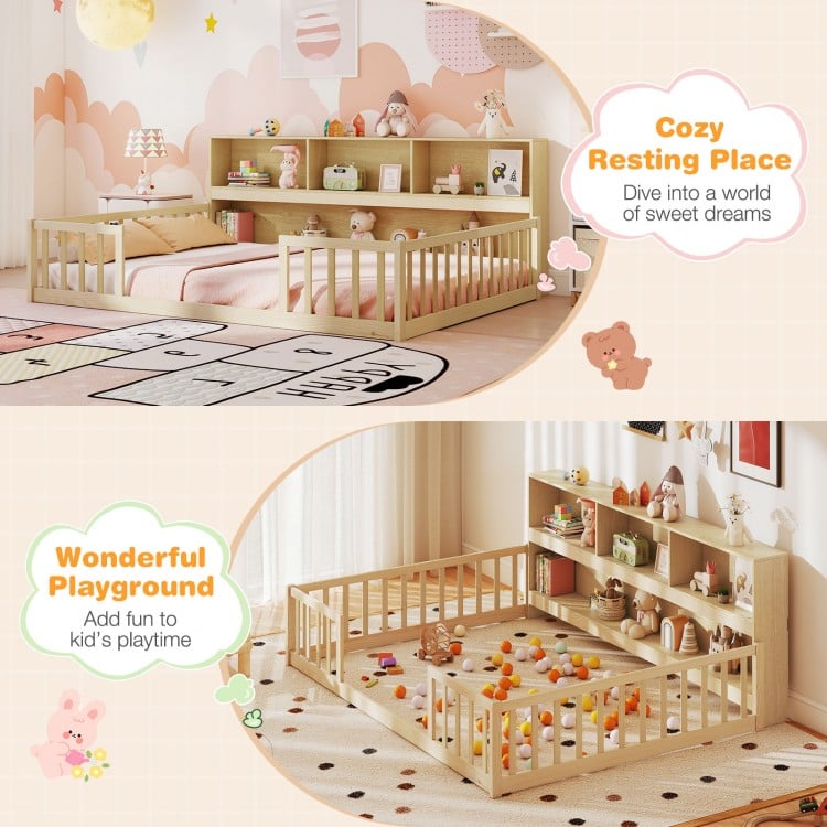 Montessori floor bed with integrated bookcase in natural wood, perfect for cozy resting and playful adventures for kids.