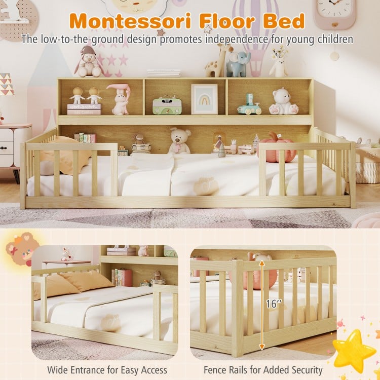 Full size Montessori floor bed with integrated bookcase, low-to-the-ground design, and fence rails for child safety.