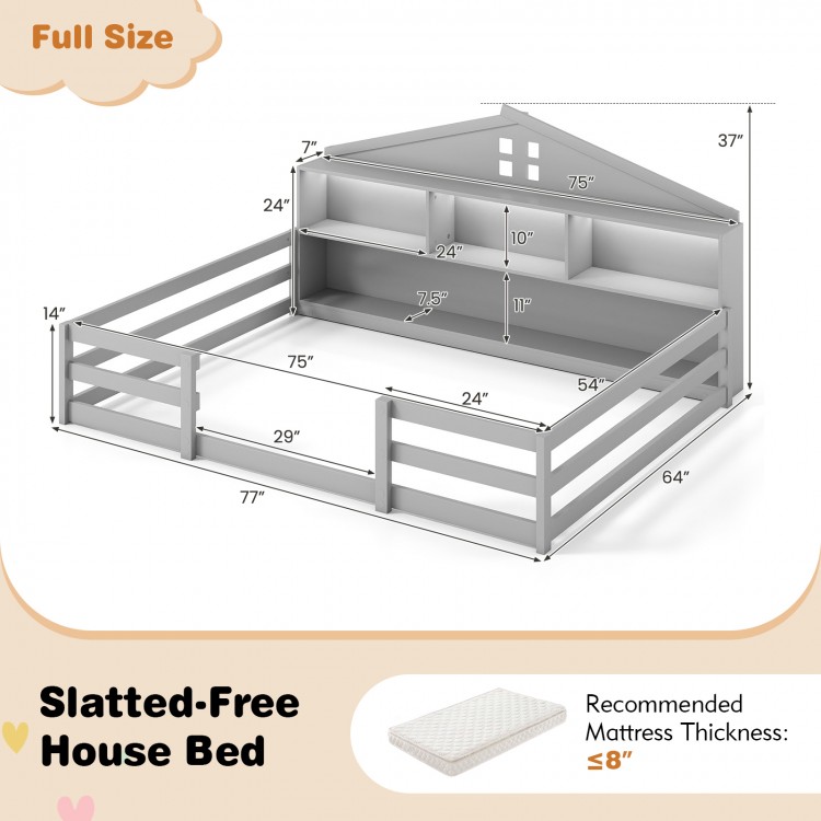 Full size gray Montessori floor bed with storage compartments and house shape design for kids' sleeping and play.