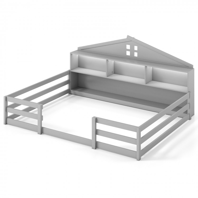 Montessori floor bed in gray with storage compartments and shelf, designed for children's sleep and play.