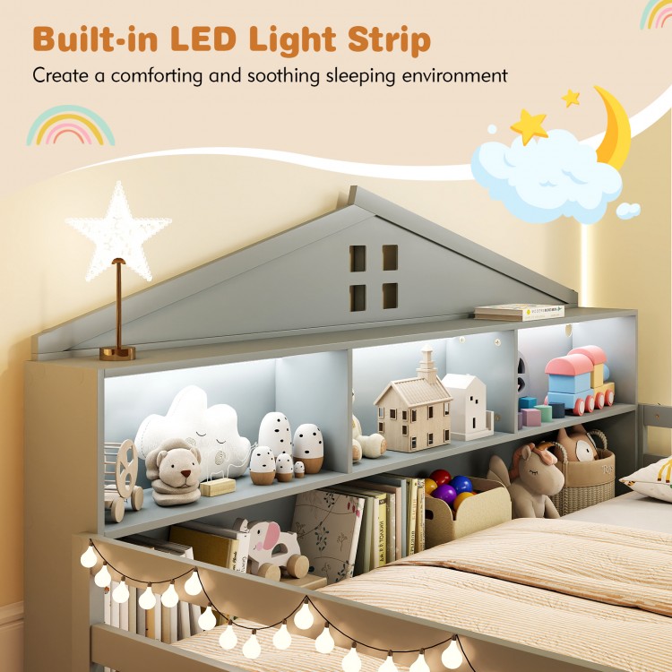 Montessori floor bed in gray with built-in LED light strip and storage compartments, perfect for children's play and.