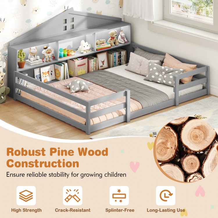 Montessori floor bed in gray with storage compartments and shelf, designed for children's safety and play.