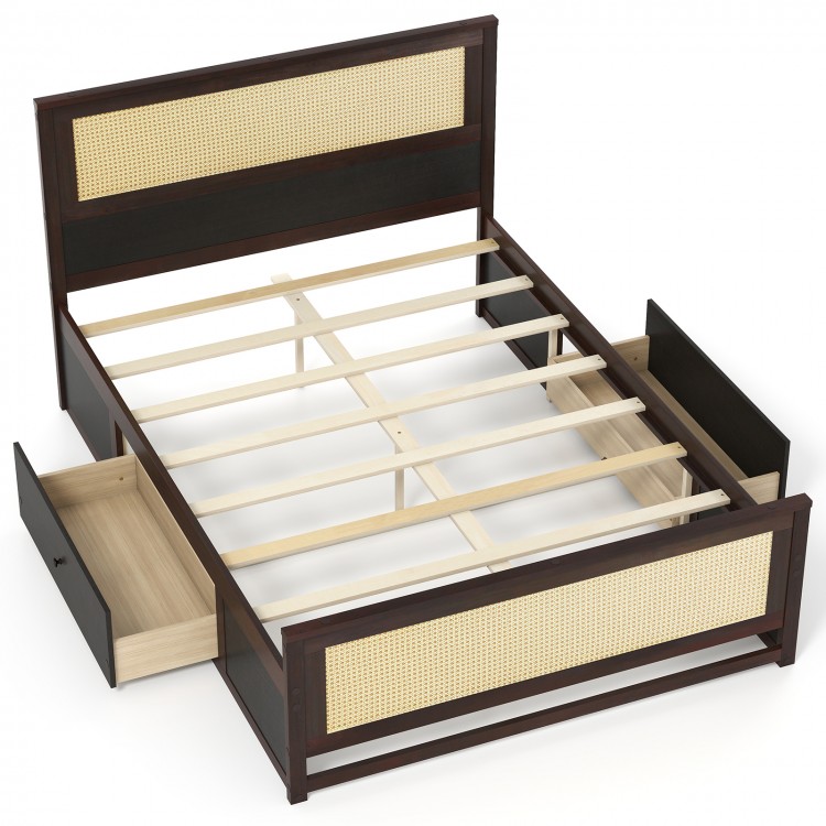 Full size rattan bed frame in rustic brown with two storage drawers and elegant woven accents for organized bedroom.