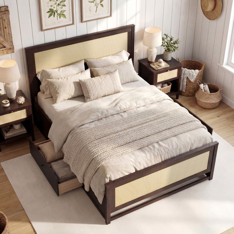 Full size rattan bed frame in rustic brown with storage drawers, featuring a boho aesthetic and sturdy wooden.