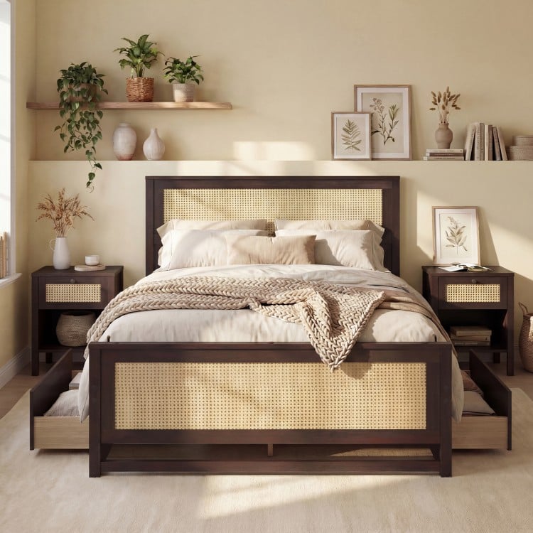 Full size rattan bed frame in rustic brown with storage drawers, featuring a woven accent for a stylish boho look.