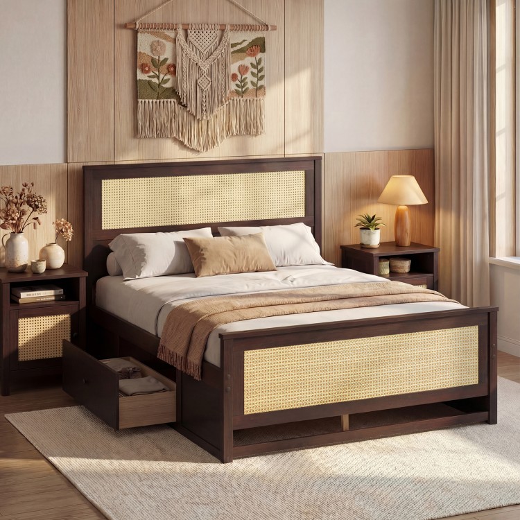 Full size rattan bed frame in rustic brown with storage drawers, featuring elegant woven accents for a boho aesthetic.