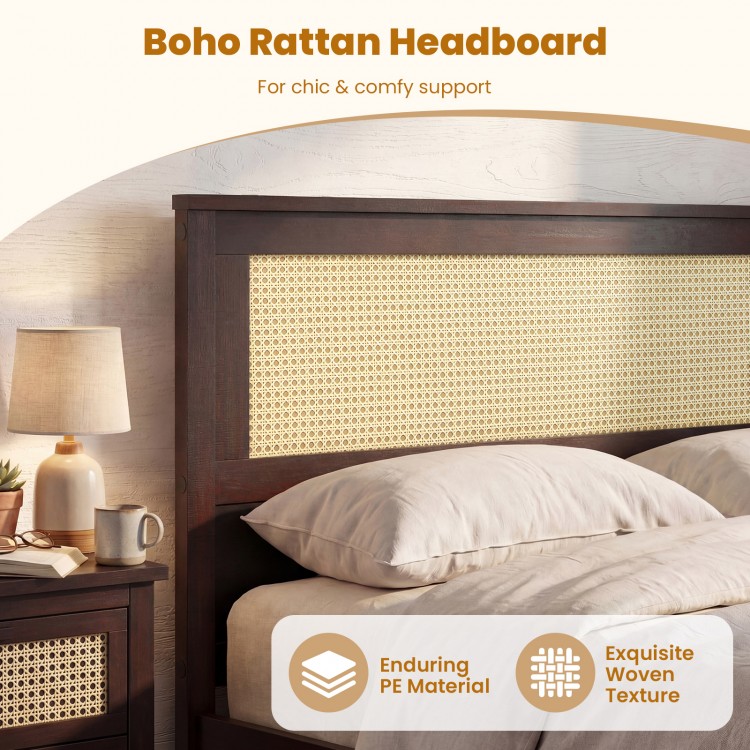 Full size rattan headboard in rustic brown with woven texture, perfect for chic bedroom decor and comfy support.