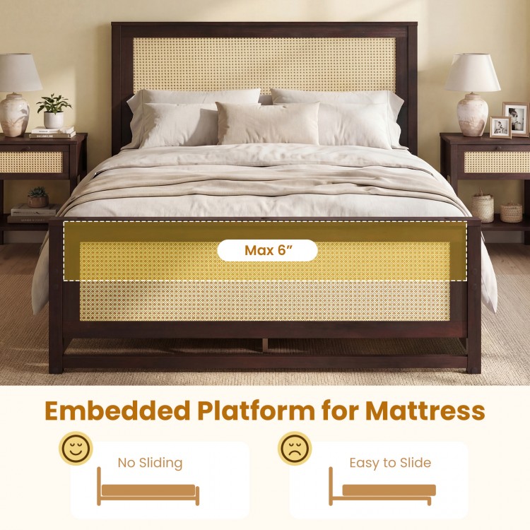 Full size rattan bed frame in rustic brown with embedded platform and storage drawers for organized bedroom space.