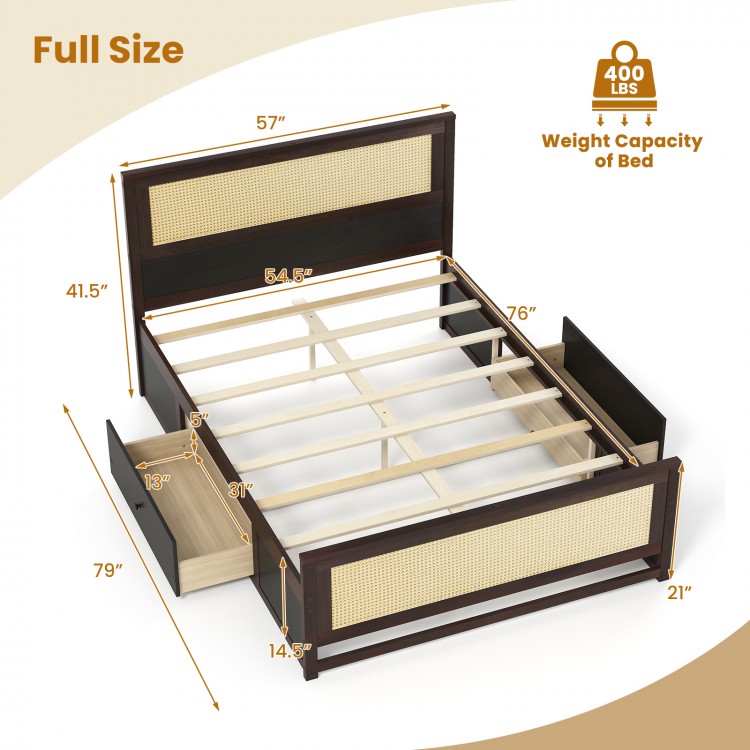 Full size rattan bed frame in rustic brown with two storage drawers, featuring a sturdy wooden construction and elegant.