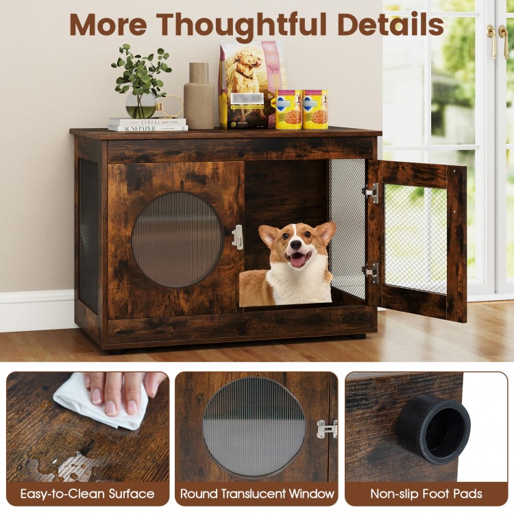 Furniture style dog crate in rustic brown with translucent window, lockable door, and easy-to-clean surface for small.