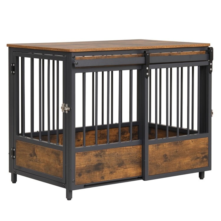 Furniture style dog crate with two doors, rustic brown wood top, and sturdy metal frame for small to medium-sized dogs.