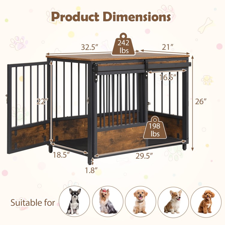 Furniture style dog crate with two doors, rustic brown finish, and sturdy design suitable for small to medium-sized dogs.