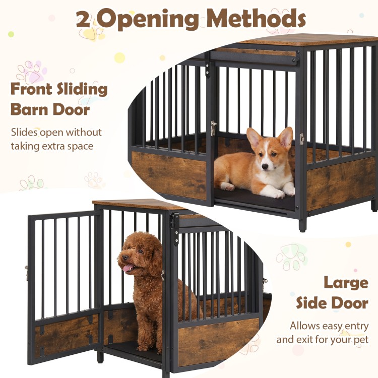 Furniture style dog crate in rustic brown with front sliding barn door and large side door for easy pet access.
