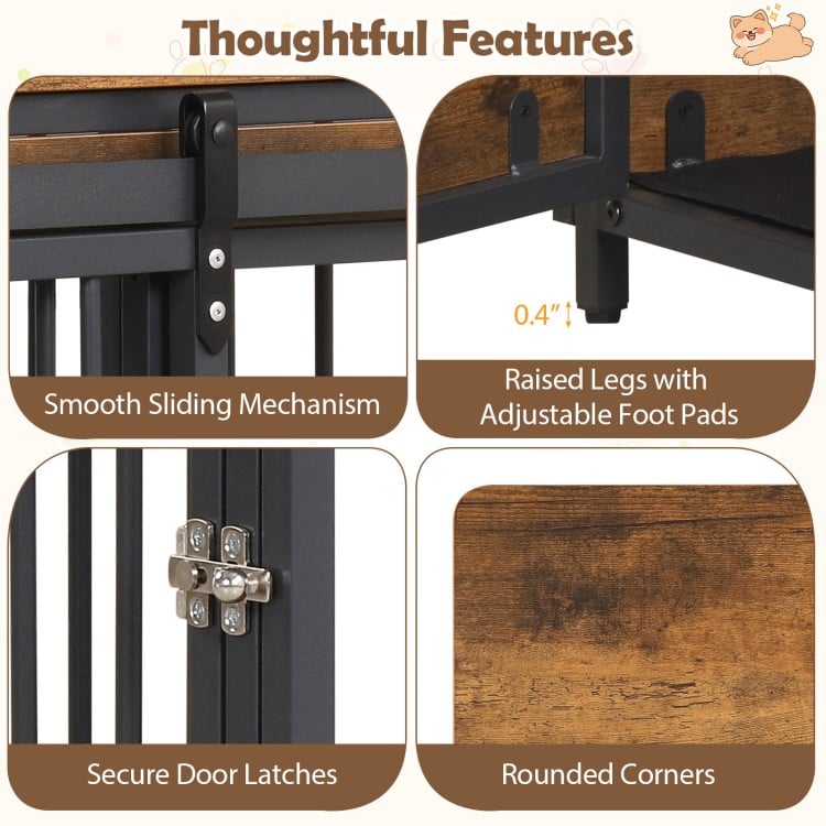 Furniture style dog crate in rustic brown with two doors, safety latches, and adjustable foot pads for stability.