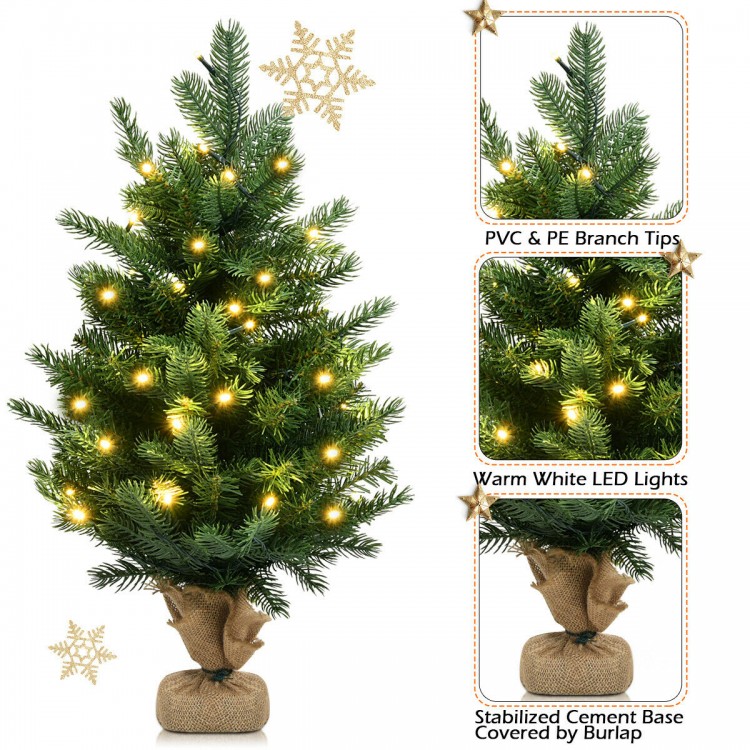 24-inch tabletop fir artificial Christmas tree with 35 warm white LED lights and burlap base for festive decor.