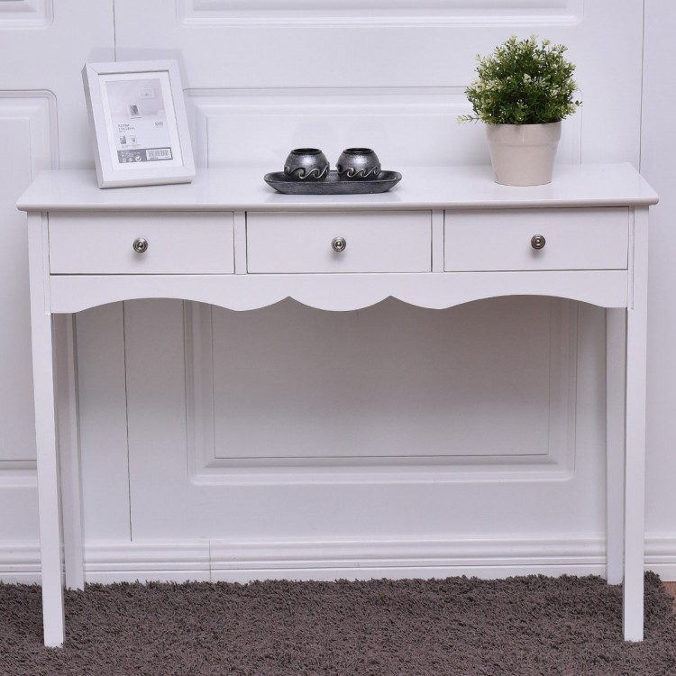 White side sofa table with three storage drawers and vintage metal handles, perfect for hallway or living room decor.