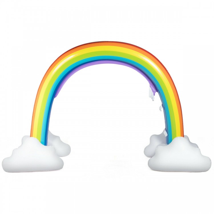 Inflatable rainbow sprinkler made of durable PVC, perfect for summer backyard fun and easy garden hose connection.