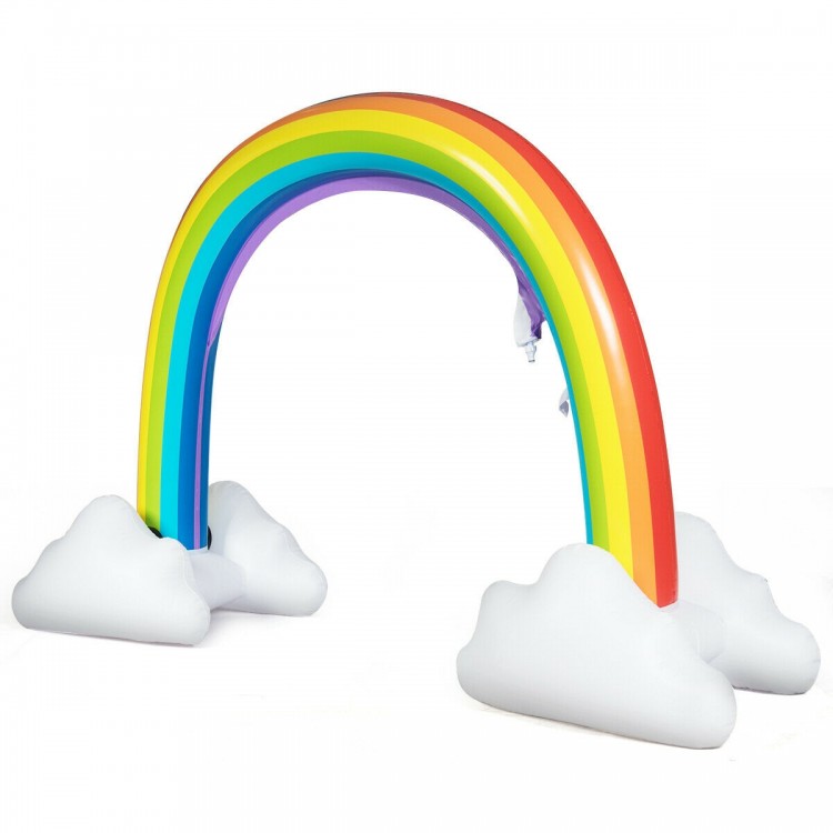 Inflatable rainbow sprinkler with cloud bases, designed for kids' summer fun in the backyard, made of eco-friendly PVC.