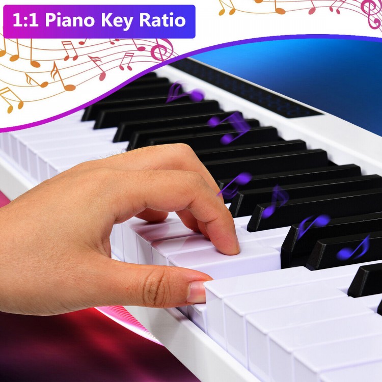 Close-up of the 88-key portable electronic piano in white, showcasing finger-friendly keys for piano learning.