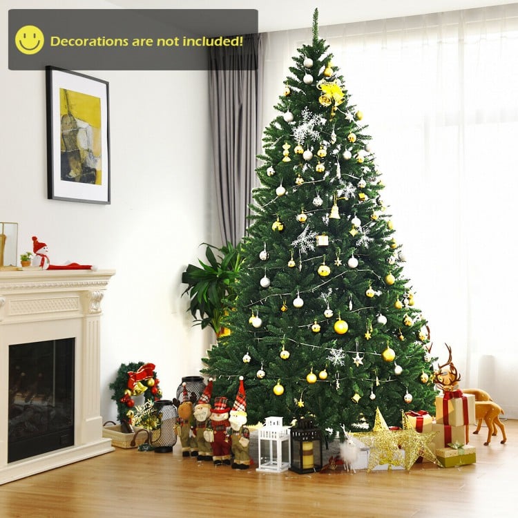 9-foot artificial Christmas tree with a lush appearance, featuring a solid metal stand, ideal for home and commercial.