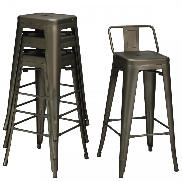 Stacked set of 4 gunmetal metal counter height barstools with low backs, ideal for kitchens and patios.