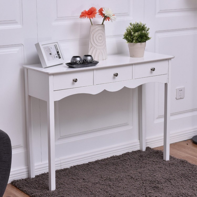 White side sofa table featuring three storage drawers and vintage metal handles, perfect for hallway or living room use.