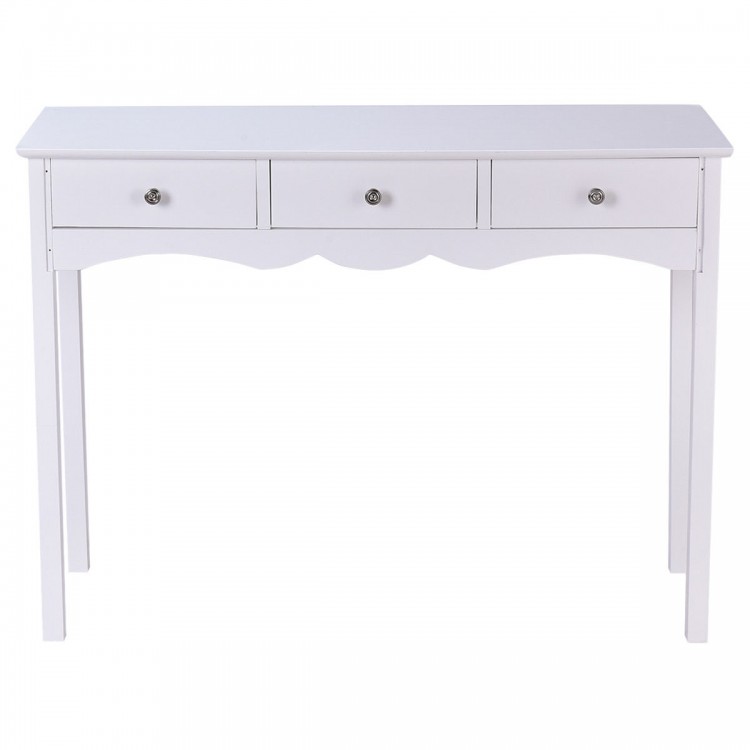 White side sofa table with three storage drawers and vintage metal handles, perfect for hallway or living room use.