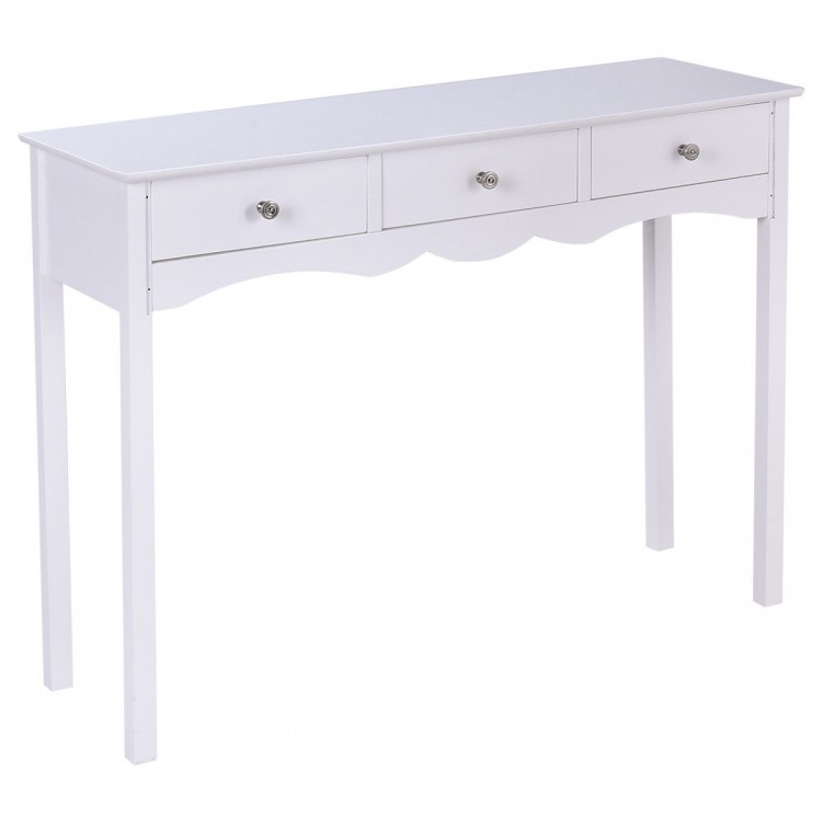White side sofa table with three storage drawers and vintage metal handles, ideal for hallway or living room use.