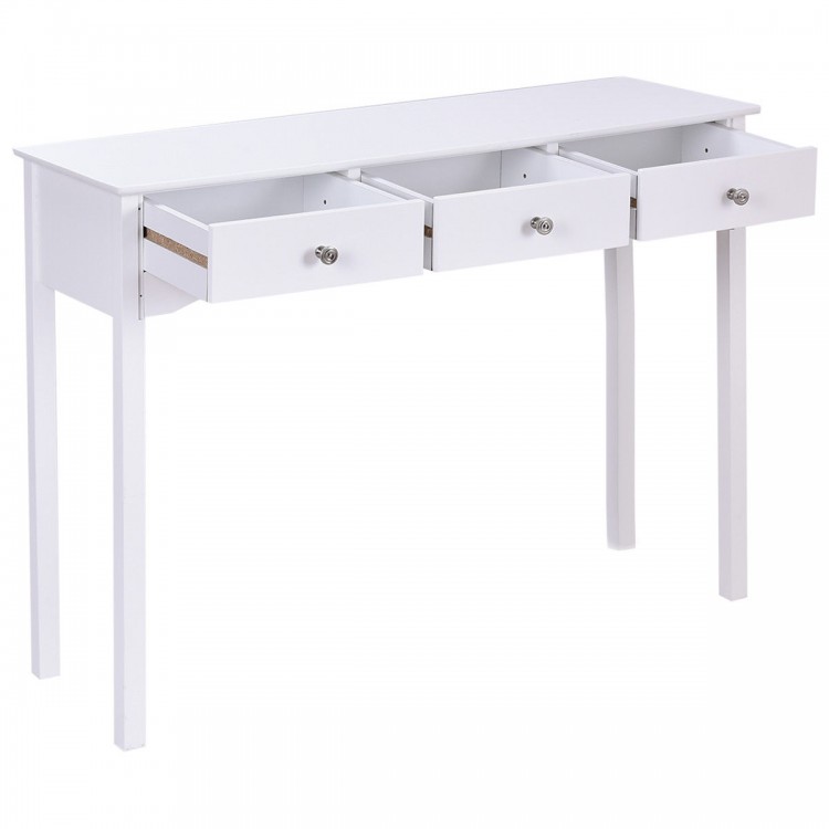White side sofa table with three storage drawers, featuring vintage metal handles, ideal for hallway or living room use.