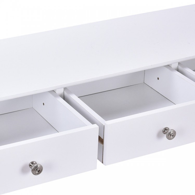 White side sofa table featuring three slide-out drawers and vintage metal handles, ideal for living room storage.