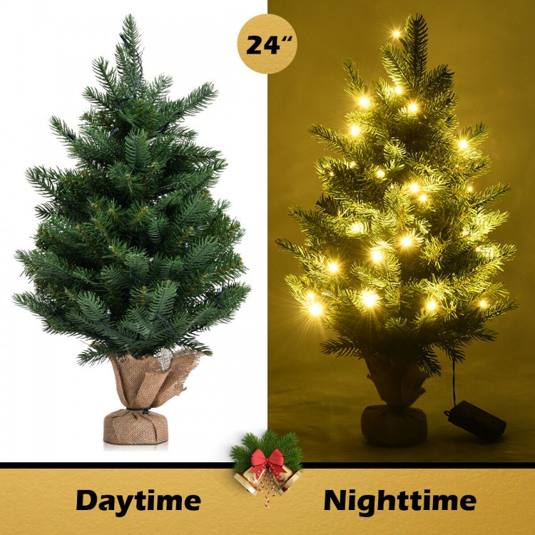 24-inch tabletop fir artificial Christmas tree with 35 warm white LED lights, perfect for festive decoration.