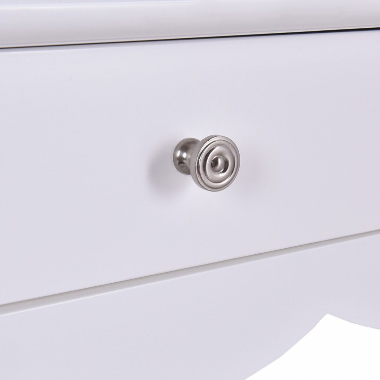 Close-up of the vintage metal handle on the white side sofa table with three storage drawers for elegant decor.