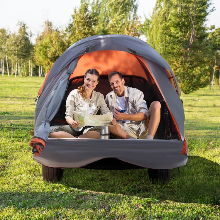 Two-person portable pickup tent with detachable cover, spacious interior, and waterproof fabric for outdoor adventures.