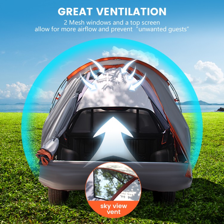 Portable pickup tent showing great ventilation with mesh windows and sky view vent, ideal for 2-3 person camping.