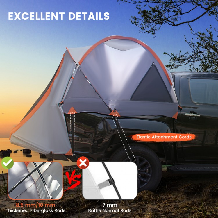 Portable 2-person pickup tent showcasing thickened fiberglass rods and waterproof 190T taffeta for reliable rain.