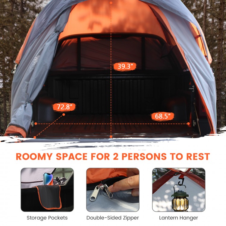 Portable pickup tent interior showing room for 2-3 persons, featuring storage pockets and double-sided zipper for easy.