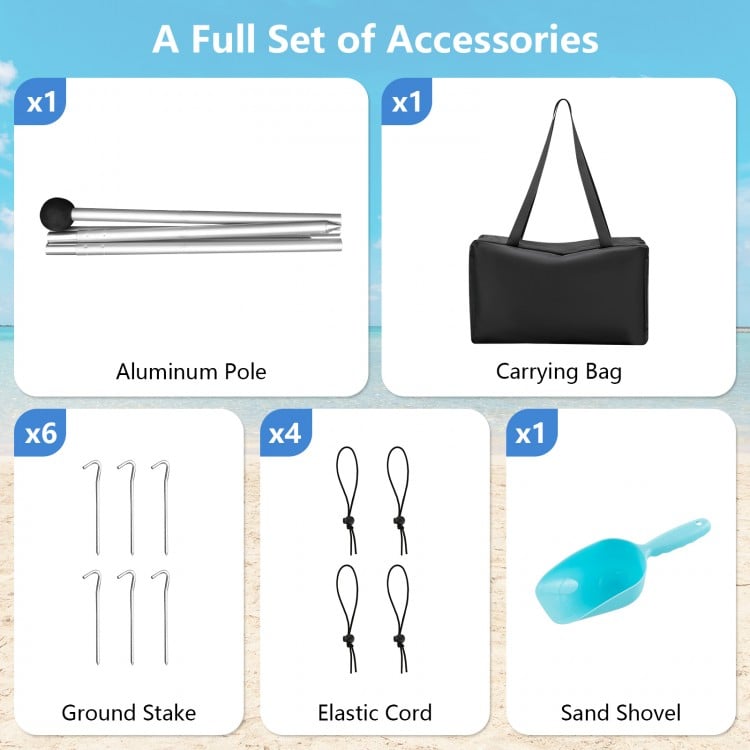 Aluminum pole, carrying bag, ground stakes, elastic cord, and sand shovel for 20x20 feet beach canopy tent setup.