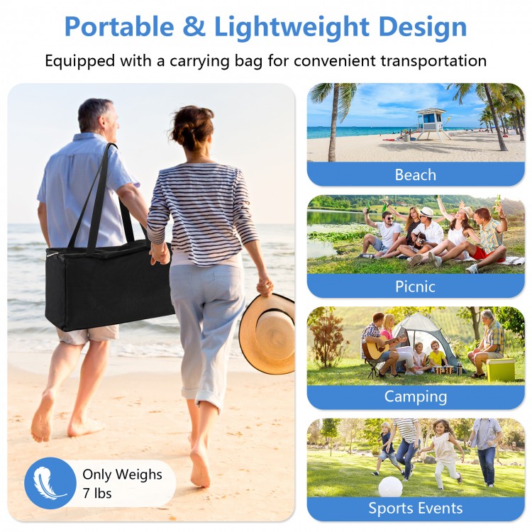 20x20 feet blue beach canopy tent with UPF50+ sun protection, portable design, and complete accessories for easy setup.