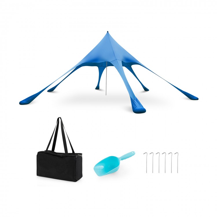 Blue 20 x 20 feet beach canopy tent with UPF50+ sun protection, includes sand shovel, stakes, and portable bag for easy.