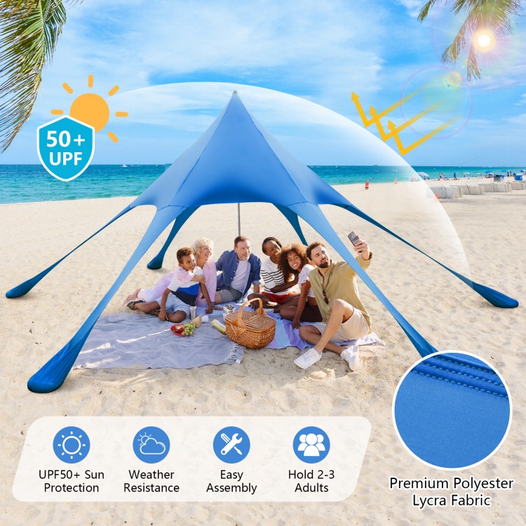 Blue 20x20 feet beach canopy tent with UPF50+ sun protection, spacious for 2-3 adults, featuring durable Lycra fabric.