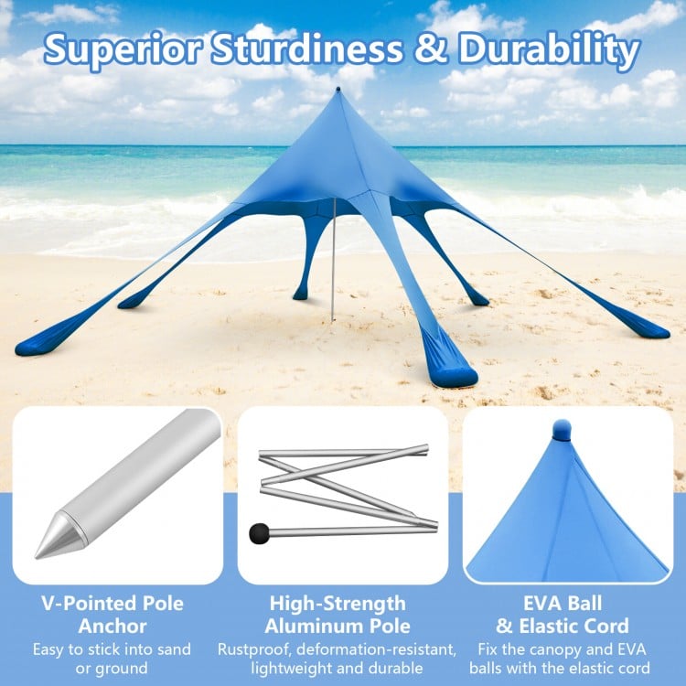 Blue 20 x 20 feet beach canopy tent with UPF50+ sun protection, featuring durable aluminum poles and sandbags for.