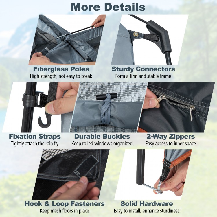Detail of the 2 Rooms Oversize Privacy Shower Tent showing sturdy connectors, durable buckles, and 2-way zippers for.