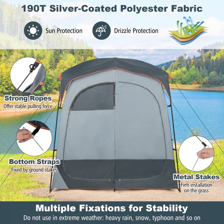 Oversize gray privacy shower tent with removable rain fly, double rooms, and ventilation entrances for outdoor use.