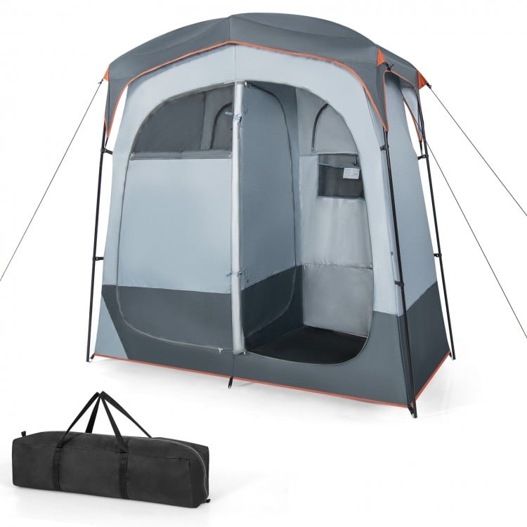 Oversize privacy shower tent with two rooms, gray polyester fabric, removable rain fly, ideal for outdoor use.