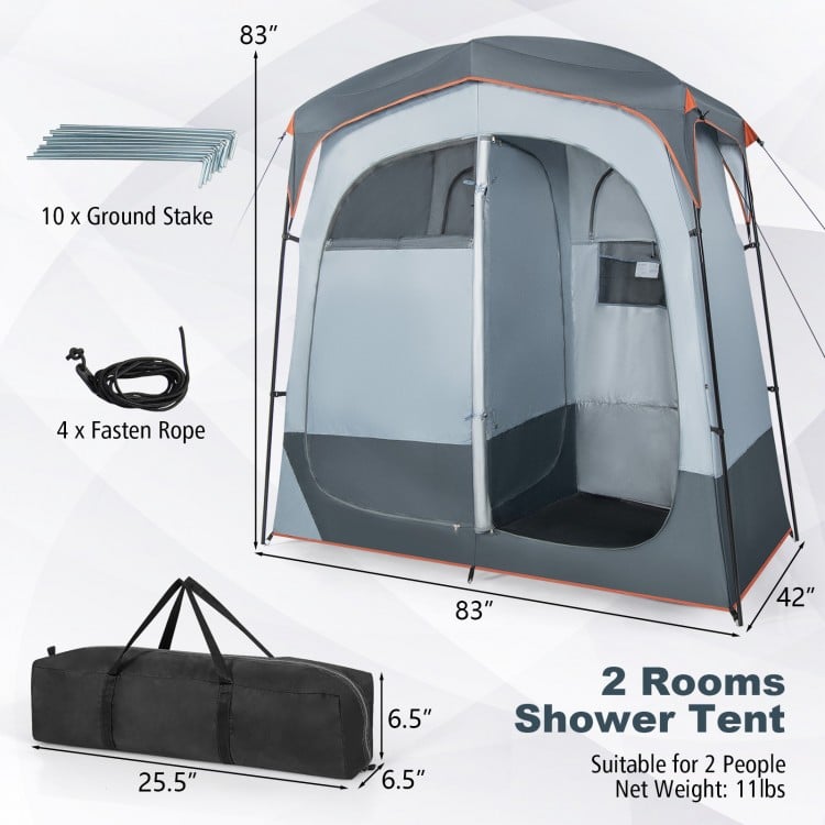 Oversize gray shower tent with two rooms, removable rain fly, and inner pocket, ideal for outdoor privacy.