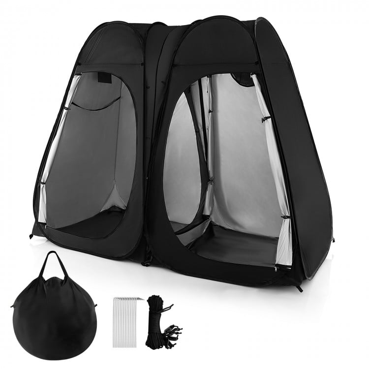 Oversized black pop-up shower tent with double-room design, storage pockets, and included carry bag for versatile use.