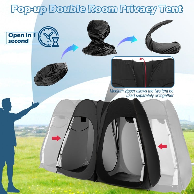 Oversized pop-up shower tent in black with smooth double zippers and half-round window for easy access and ventilation.