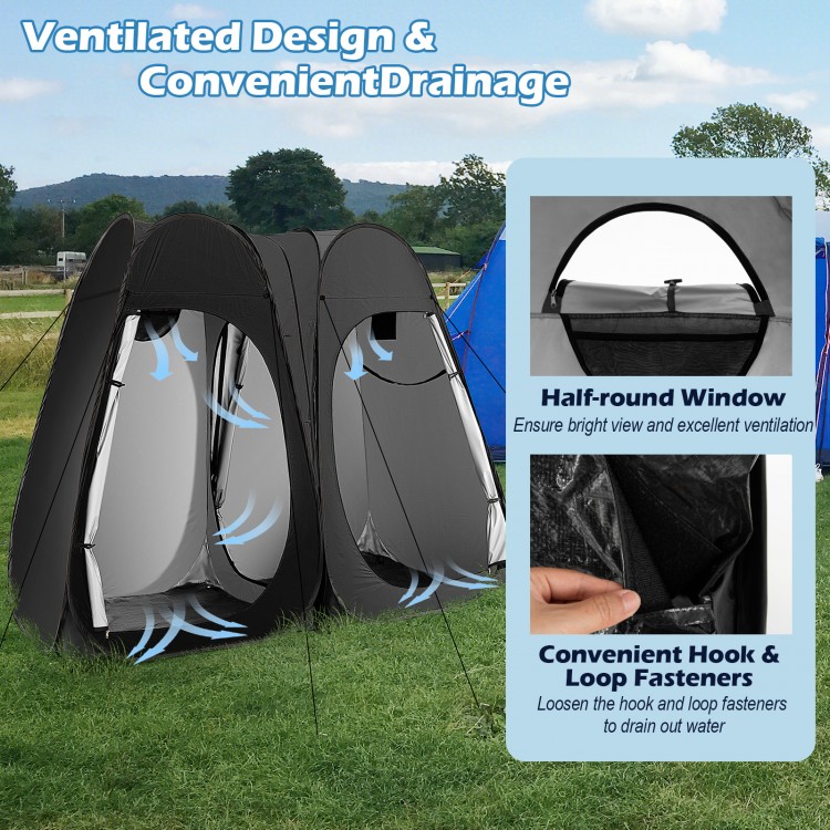 Oversized pop-up shower tent in black with half-round window, designed for 2 persons, featuring storage pockets and.