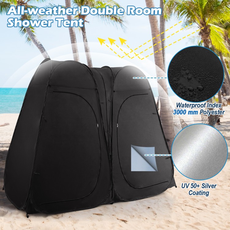 Oversized black pop-up shower tent with double-room design, waterproof polyester, and window for ventilation, ideal for.